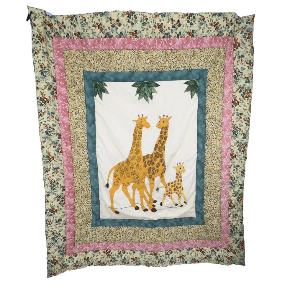 Handmade Giraffe Family Quilted Baby Blanket Floral Border Nursery 53x44 Toddler